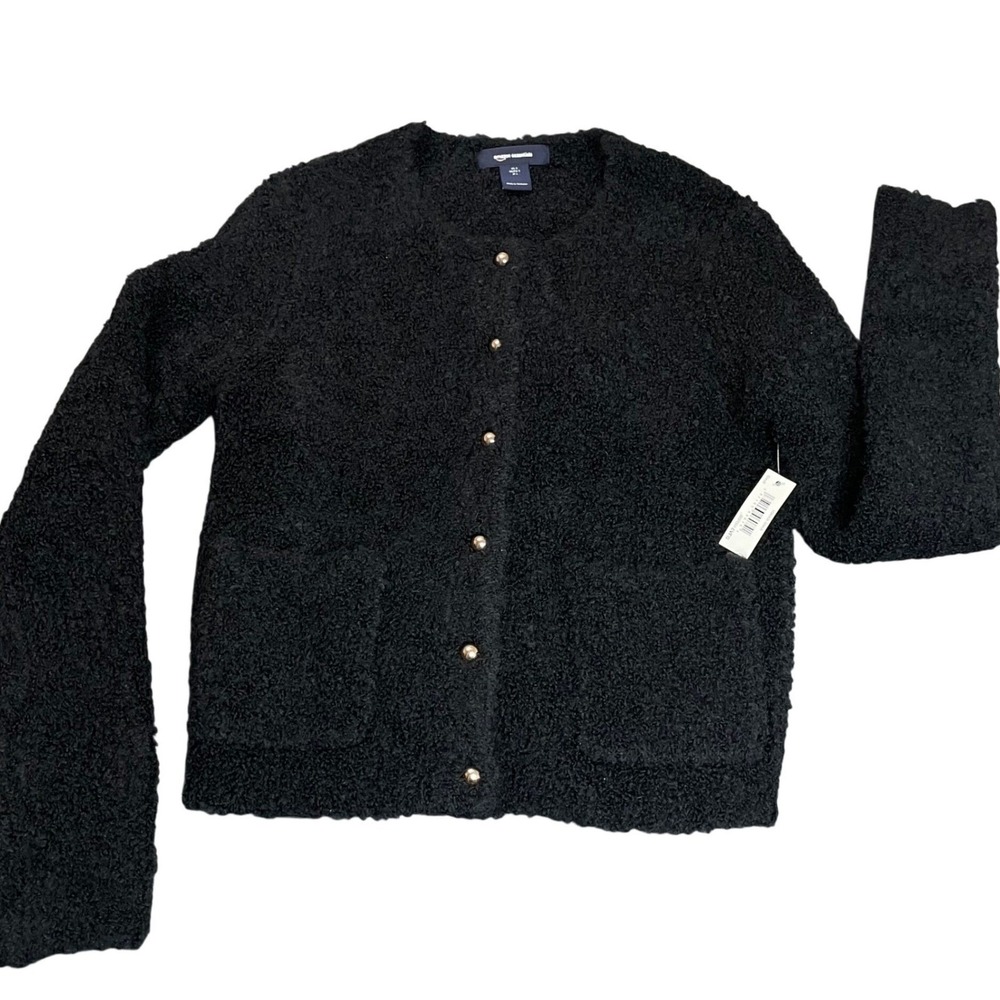 Amazon Essentials Womens Black Boucle‎ Knit Cardigan Gold Button Sweater SM NEW